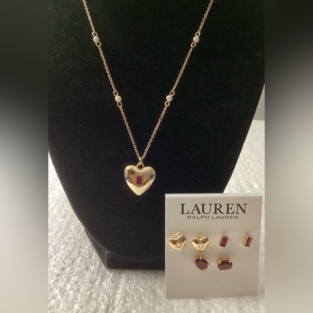 Lauren Ralph Lauren Gold-Tone Heart Necklace Gold-Tone Heart & Stone Earring Set